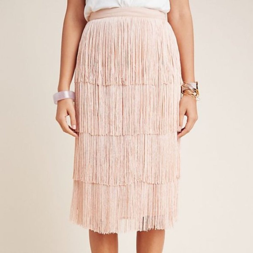 Anthropologie Pink Fringe Midi Skirt Size 6